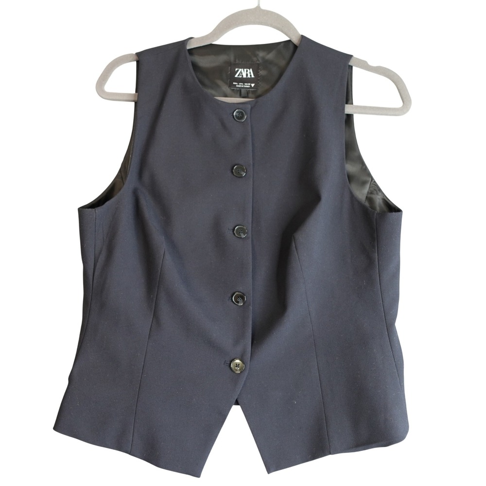Zara Waistcoat Vest Womens L Navy Blue Button Front Sleeveless Career Blouse Top